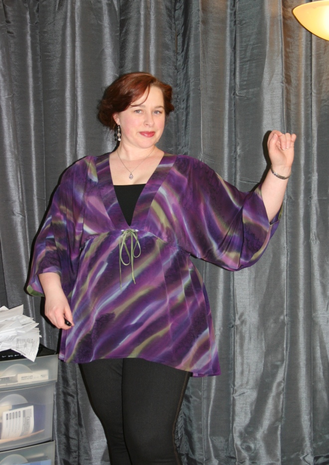 A hand-painted, silk crepe de Chine kimono tunic, Simplicity 1896. This is one of my favorite tops, and I will be making lots more eventually.