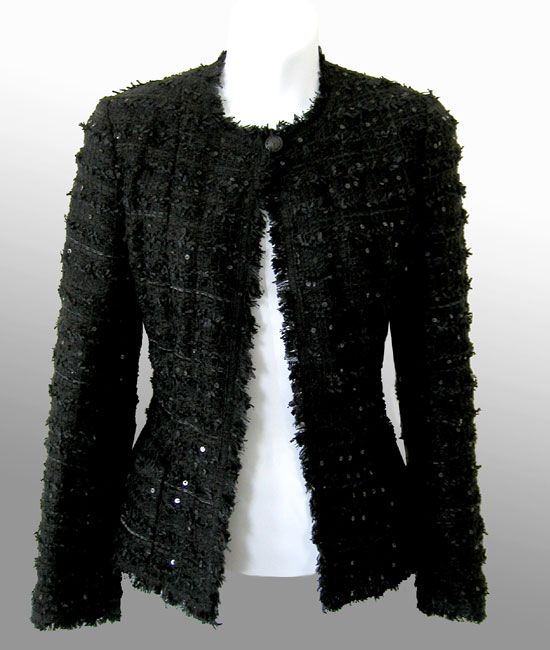 My primary inspiration is this black boucle jacket. My fabric is a bit smoother, has white flecks in the black, and is not sequined. 