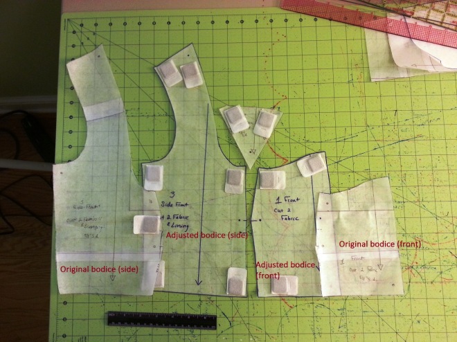 Both side front and center front bodice panels had to have their necklines raised about 1 3/4 inches.